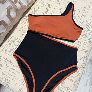 Orange and Black One-Shoulder Bikini Set